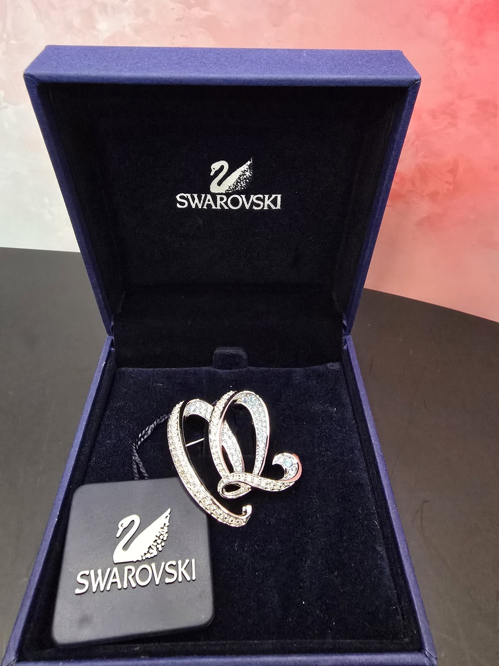Swarovski Silver Tone Crystal Heart Ribbon Brooch